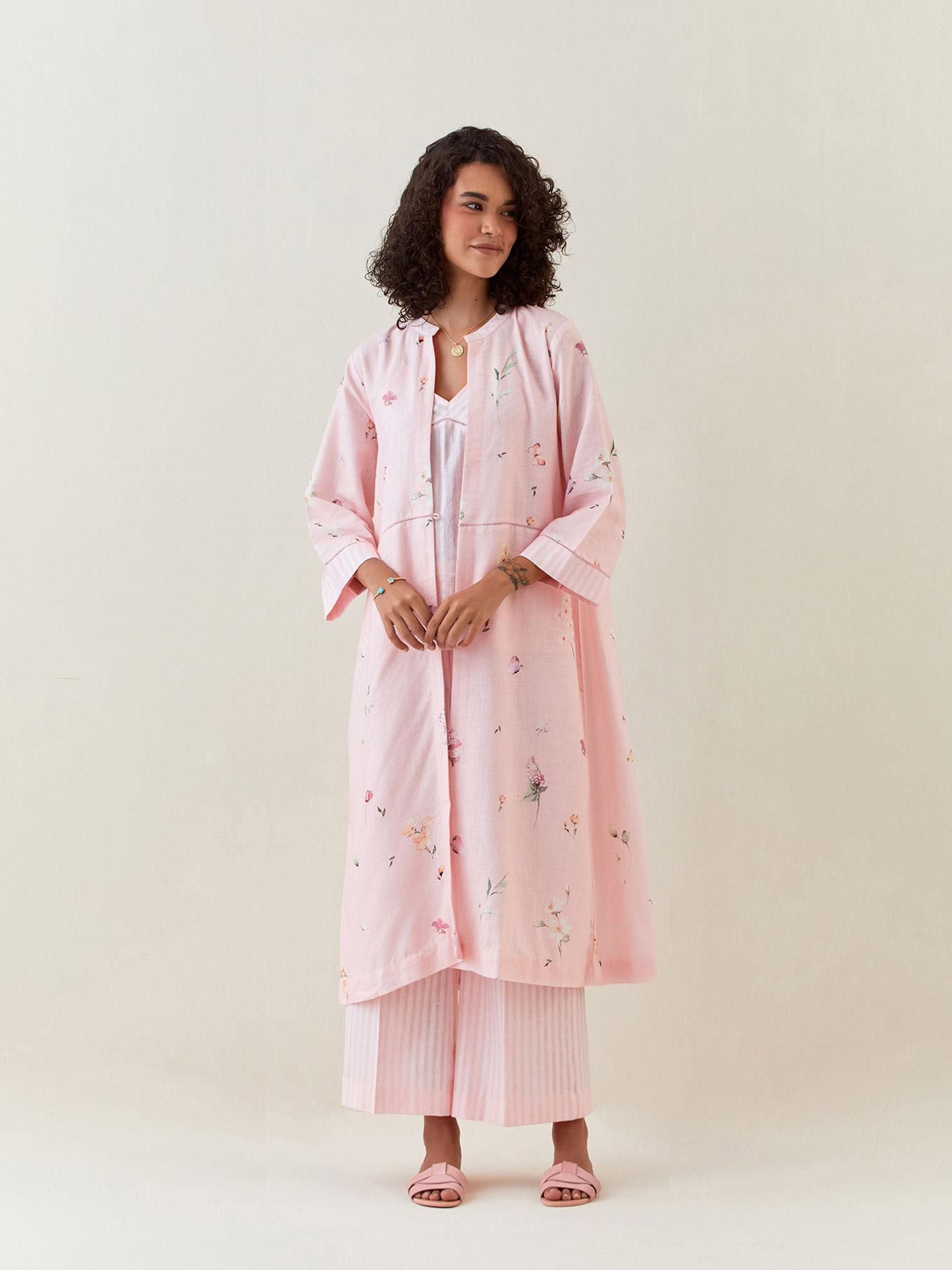 pink botanical print front open cotton linen jacket