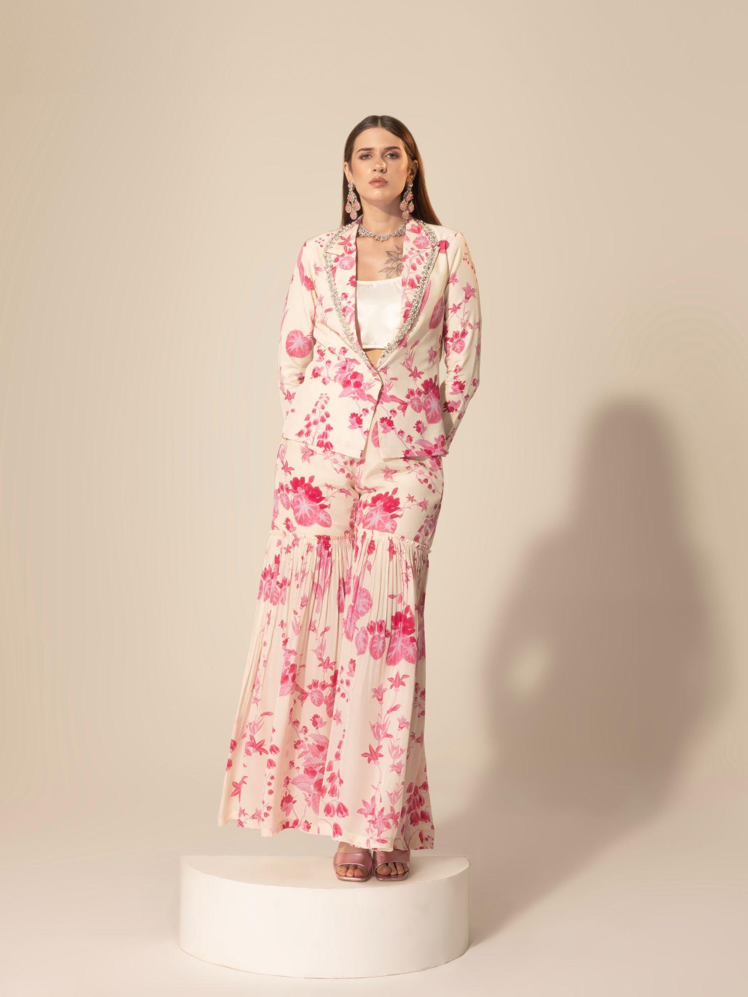 pink botanical printed blazer with sharara (set of 2)