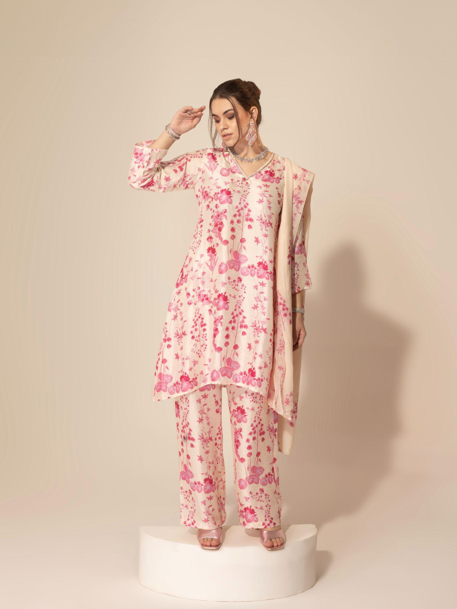 pink botanical printed kurta with pant and dupatta (set of 3)