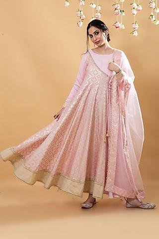 pink brocade & satin silk anarkali set