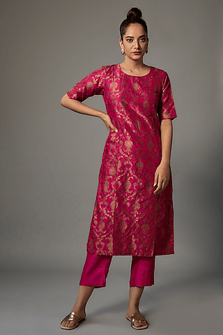pink brocade silk handwoven kurta set