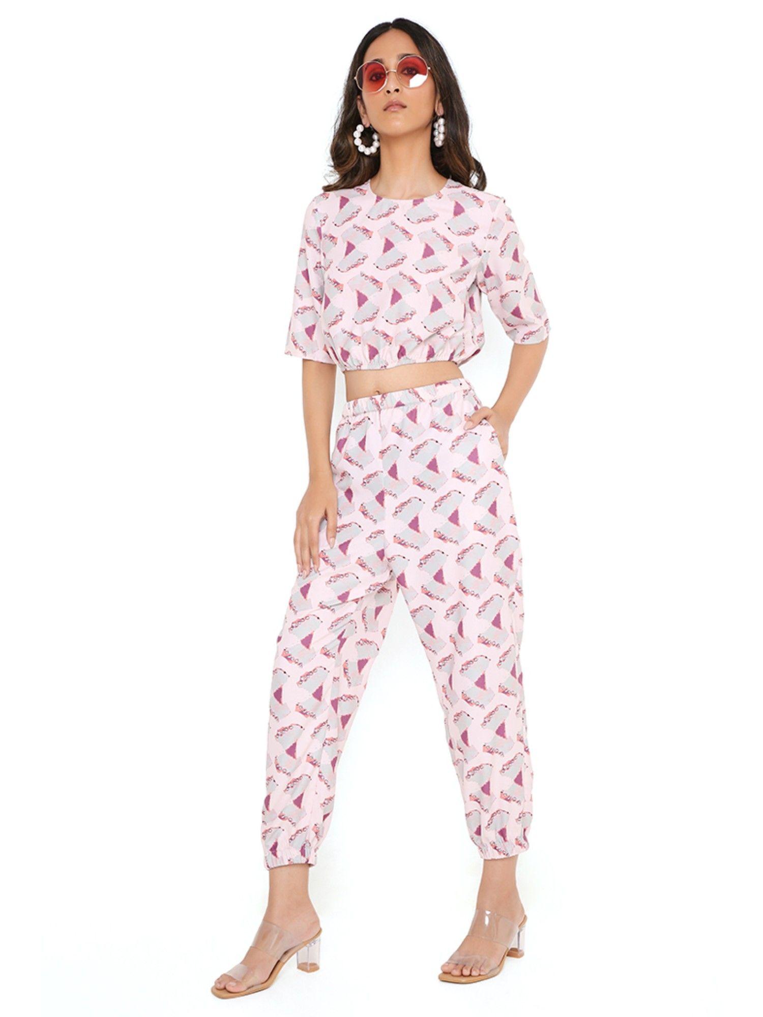 pink butterfly print art crepe top with jogger pant (set of 2)