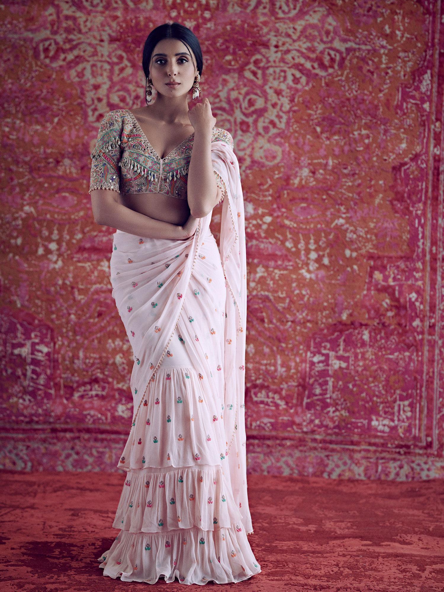 pink butti saree with ahir embroidered stitched blouse