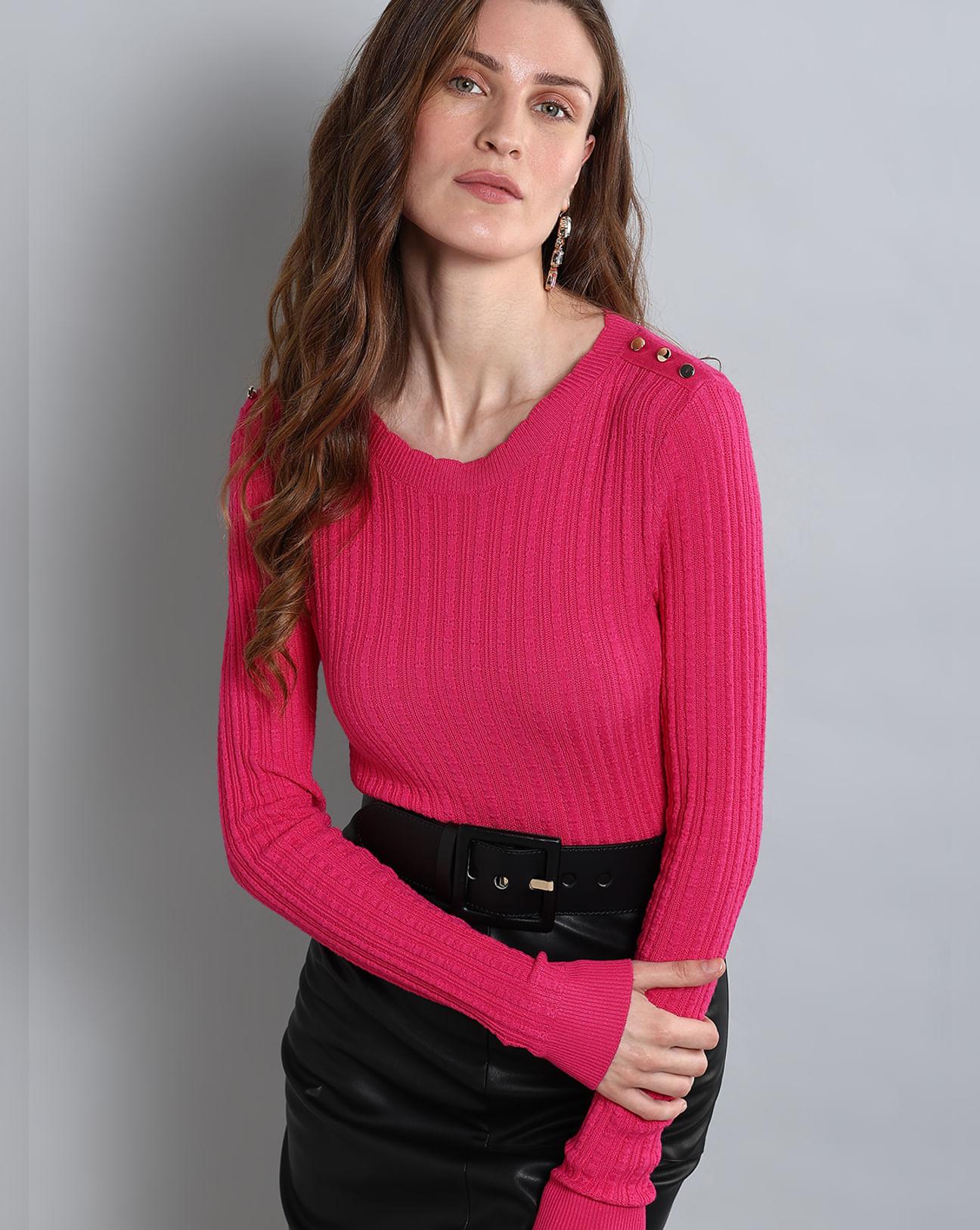 pink button detail fitted pullover