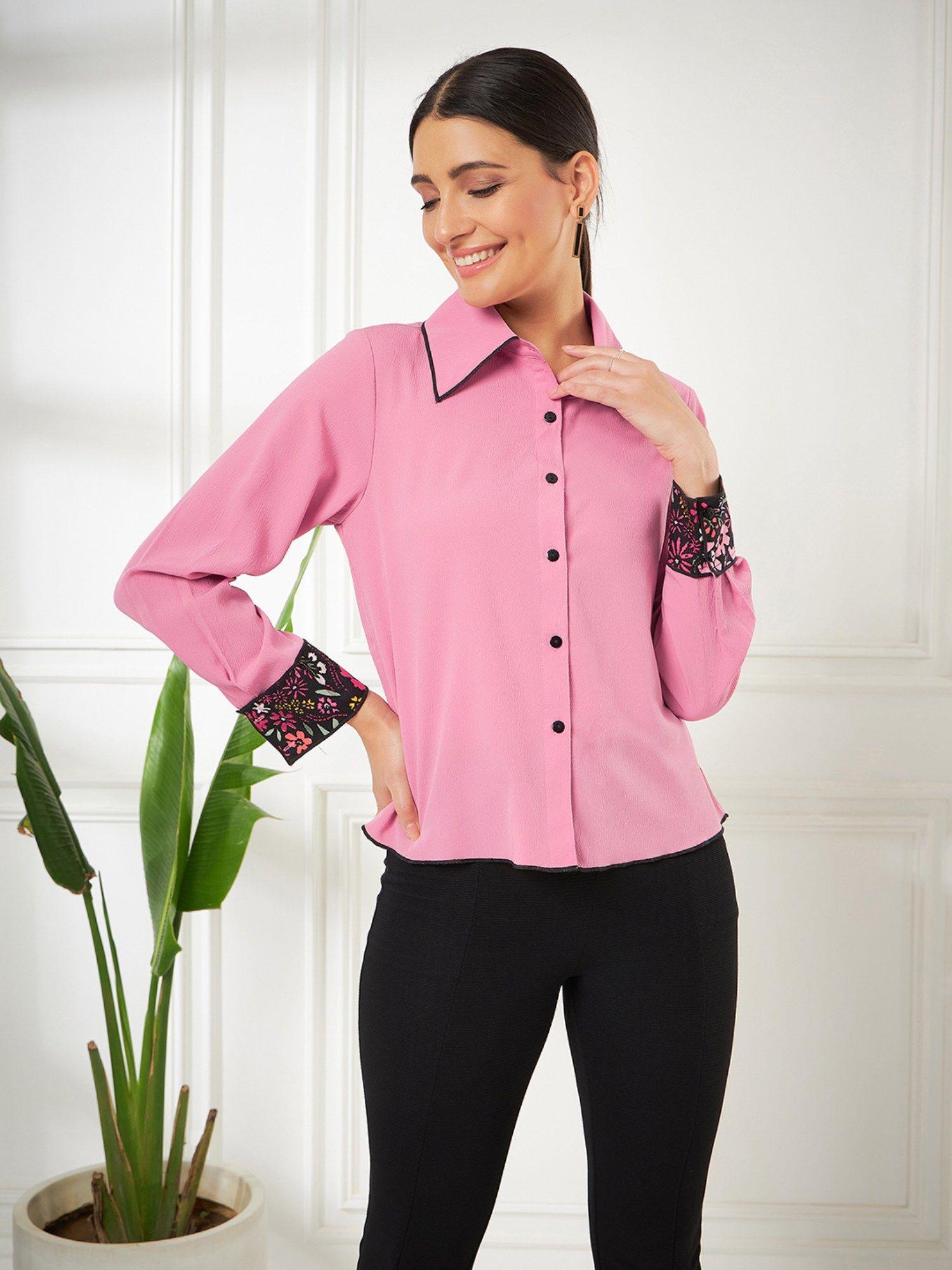 pink button down shirt with printed cuff