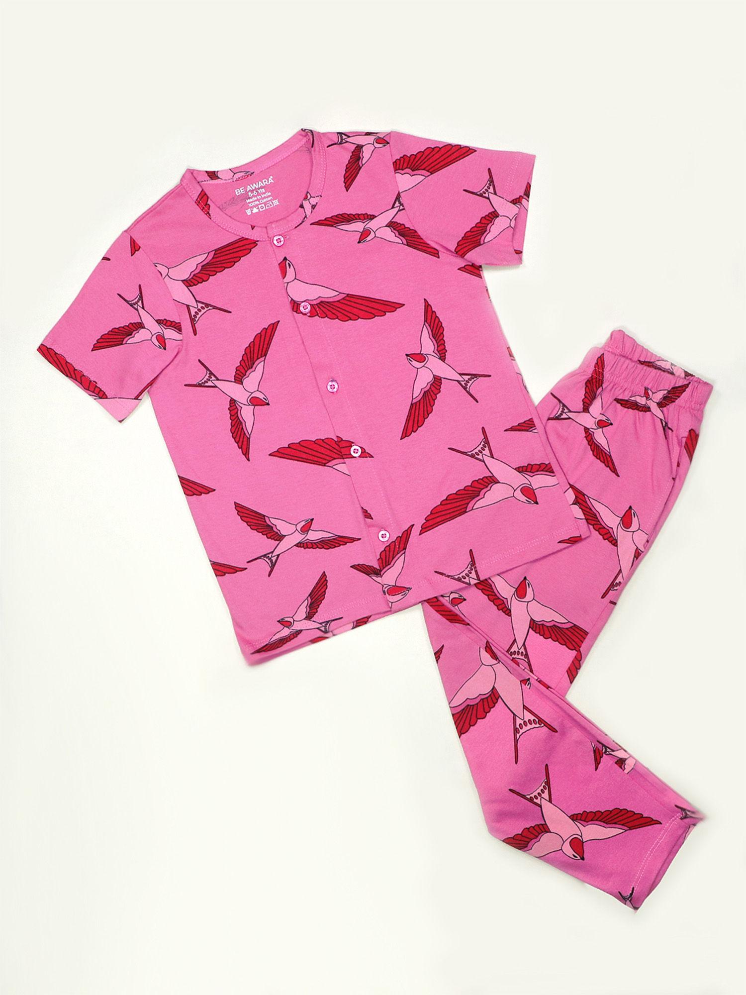 pink canaries kids nightwear half sleeves shirt & pajama pink (set of 2)