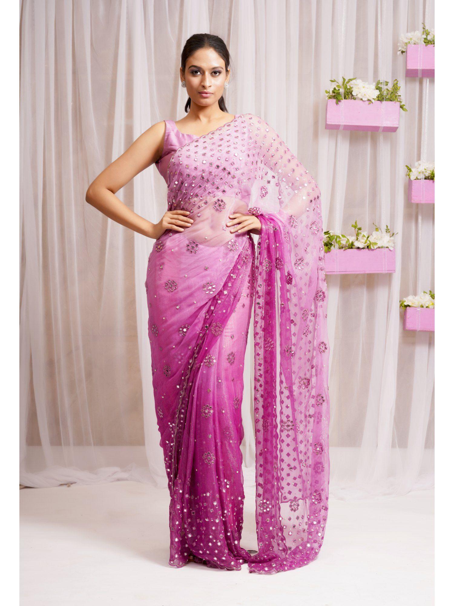 pink candy 2 piece mirror work & saree with stitched blouse