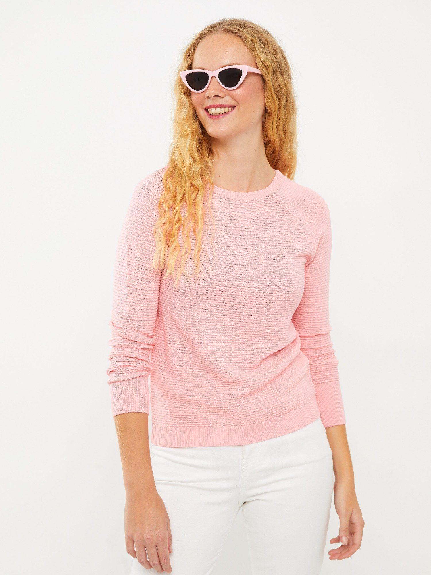 pink casual crew neck self-patterned long sleeve womens knitwear sweater