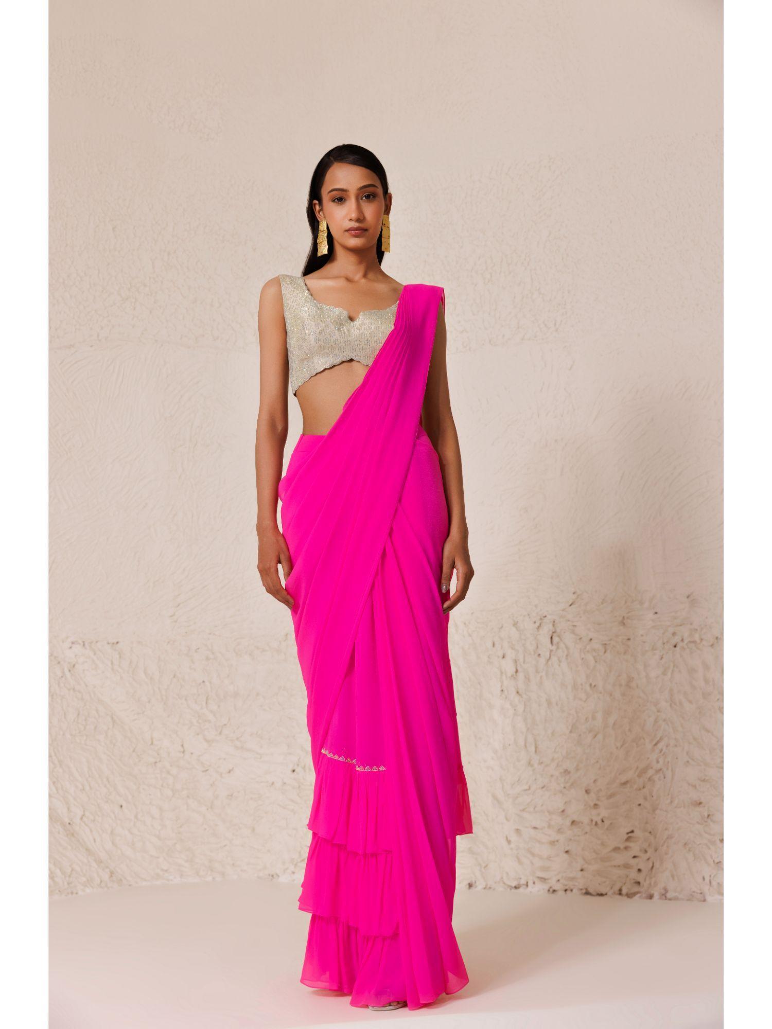pink cerise saree with stitched blouse