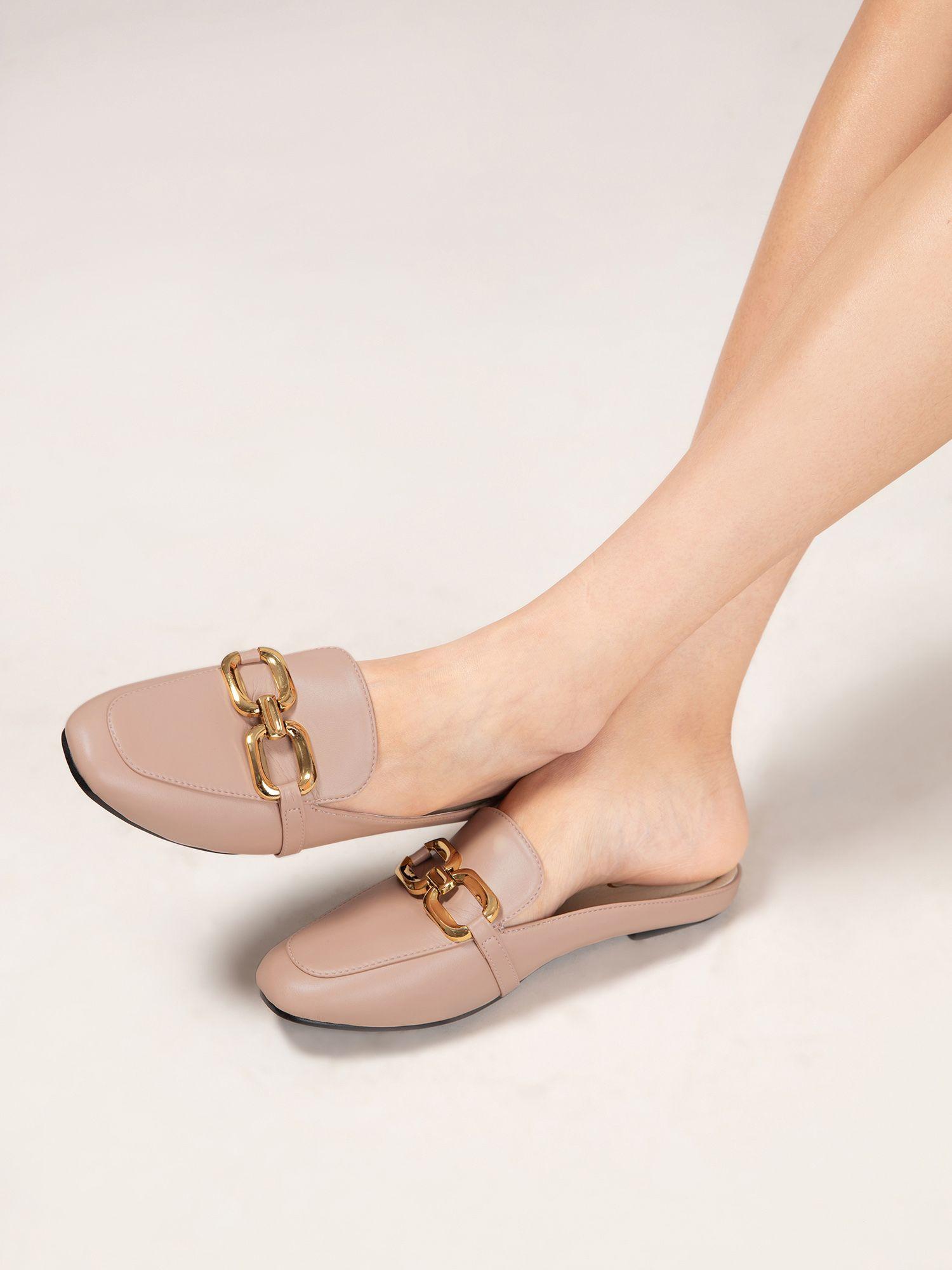 pink chain link loafer mules