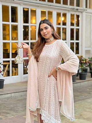 pink champagne embroidered high-low kurta set