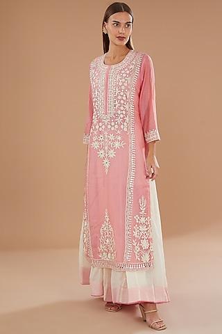 pink chanderi & cotton mirror embroidered kurta set