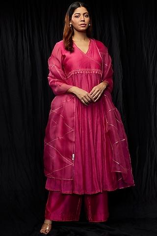 pink chanderi & organza paneled anarkali set