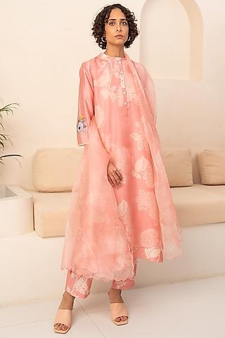 pink chanderi & organza printed layered tunic set