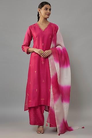 pink chanderi & organza resham embroidered a-line kurta set
