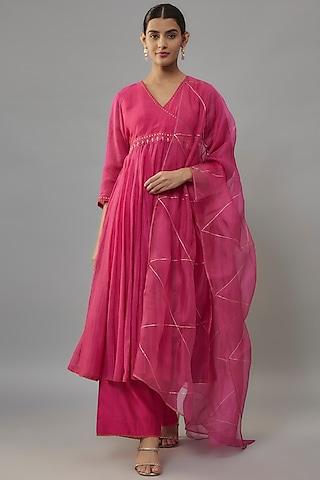 pink chanderi & organza resham hand embroidered anarkali set