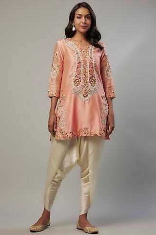 pink chanderi & satin dori embroidered kurta set