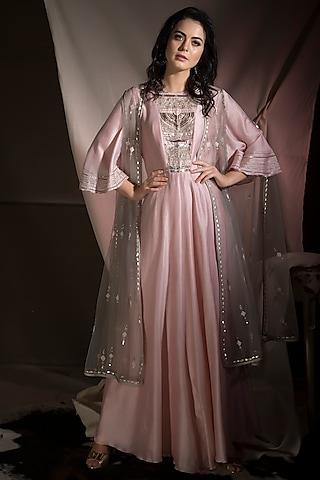 pink chanderi anarkali set