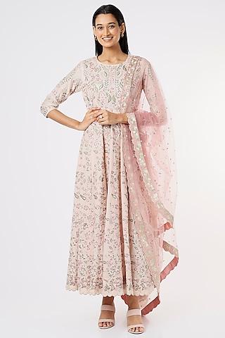 pink chanderi anarkali set