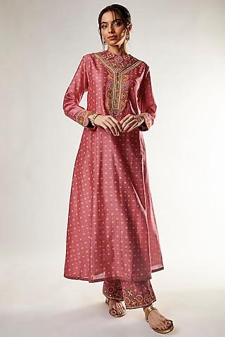 pink chanderi bandhani printed kurta set