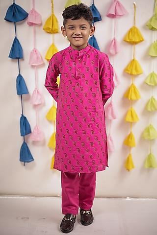 pink chanderi block printed kurta set for boys