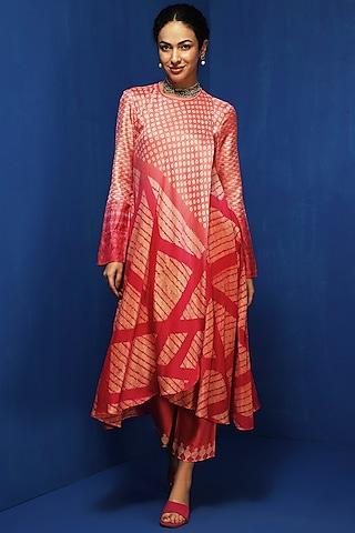 pink chanderi block printed ombre tunic set