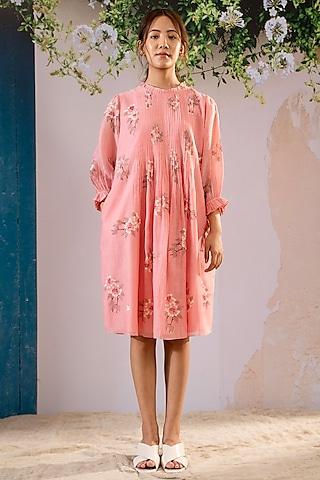 pink chanderi block printed pleated dress