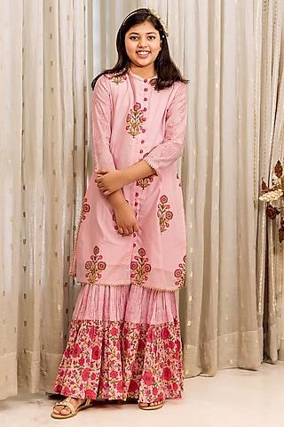 pink chanderi block printed sharara set for girls