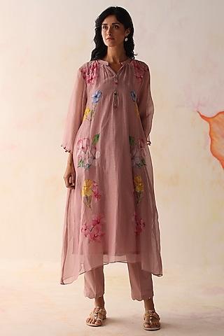 pink chanderi cutdana & floral applique embroidered kurta set