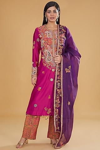 pink chanderi dori embroidered straight kurta set