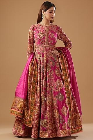 pink chanderi embroidered & printed anarkali set