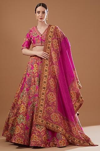 pink chanderi embroidered & printed lehenga set