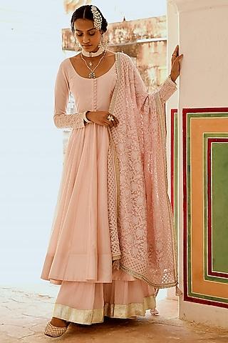 pink chanderi embroidered anarkali set