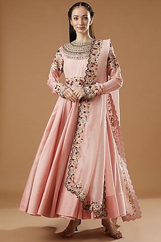 pink chanderi embroidered anarkali set