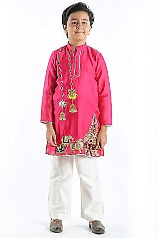 pink chanderi embroidered kurta set for boys