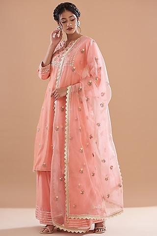 pink chanderi embroidered kurta set