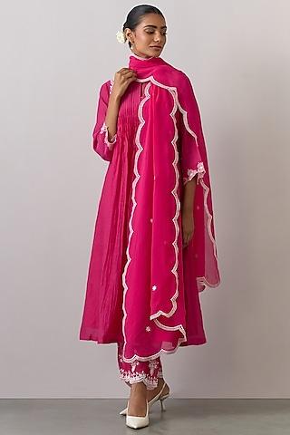 pink chanderi embroidered kurta set