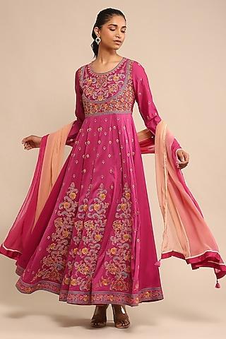 pink chanderi embroidered kurta set