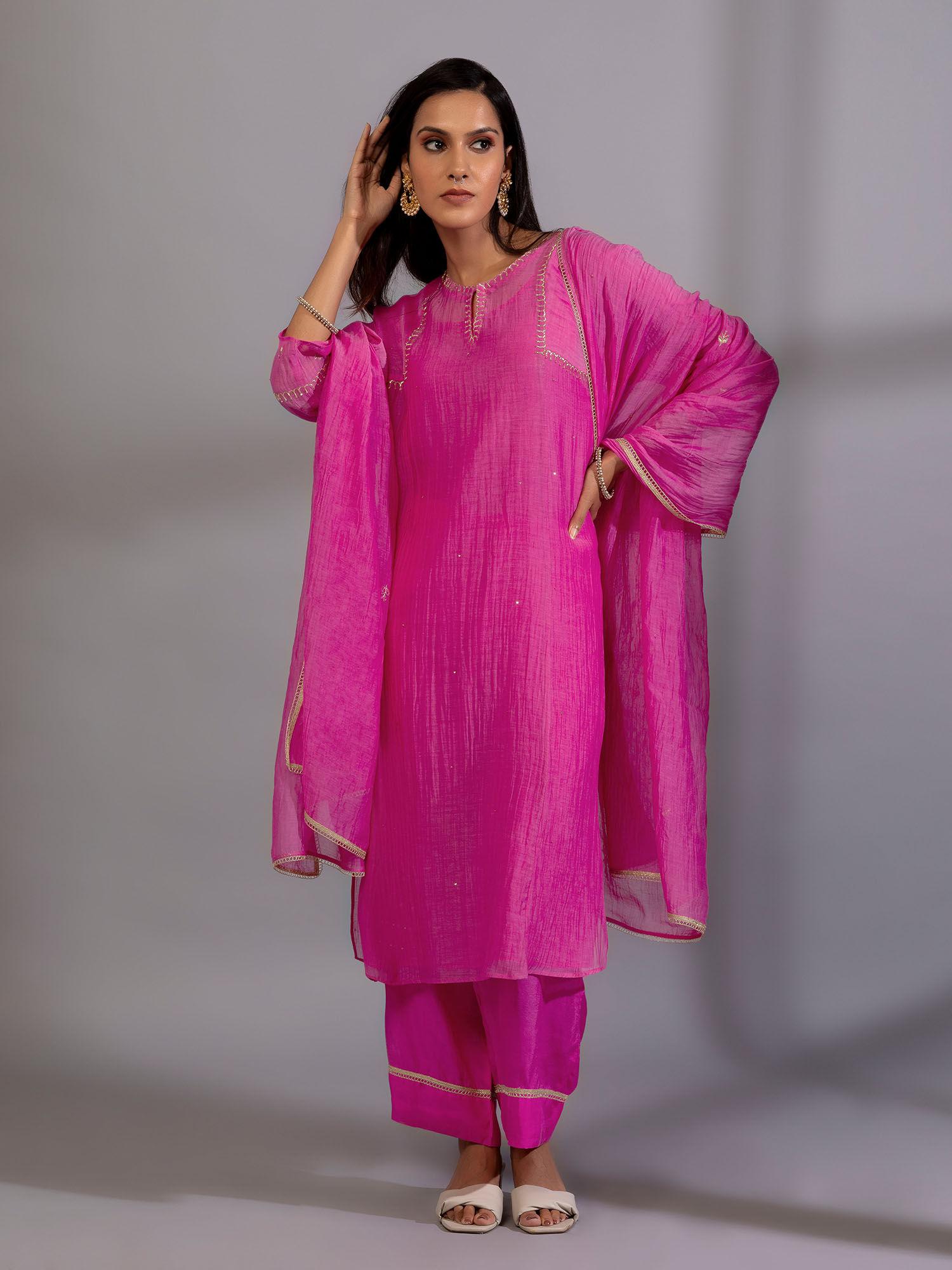pink chanderi embroidered kurta with pant & dupatta (set of 3)