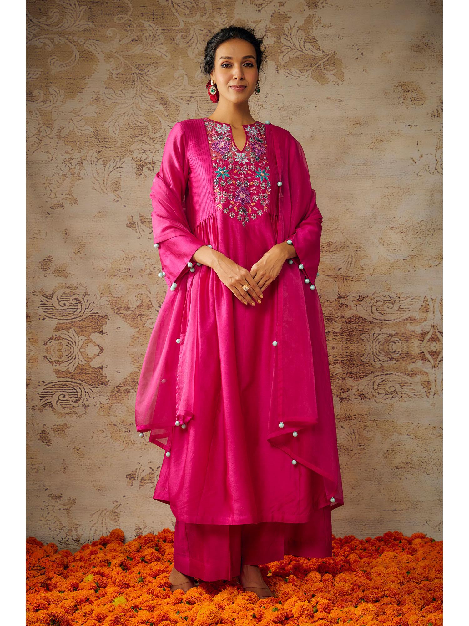pink chanderi embroidered pleated kurta palazzo with dupatta (set of 3)