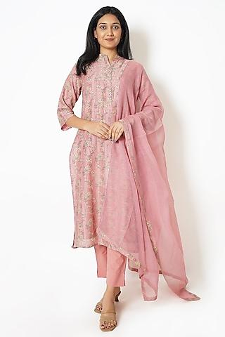pink chanderi floral motif printed kurta set