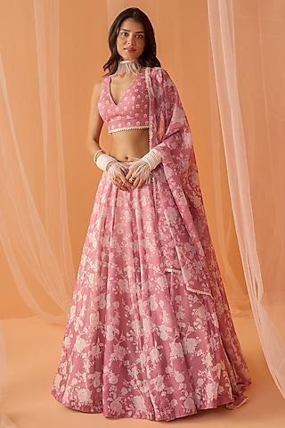 pink chanderi floral printed lehenga set