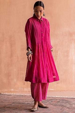 pink chanderi hand block printed & embroidered kurta set