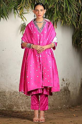 pink chanderi hand embroidered a-line kurta set