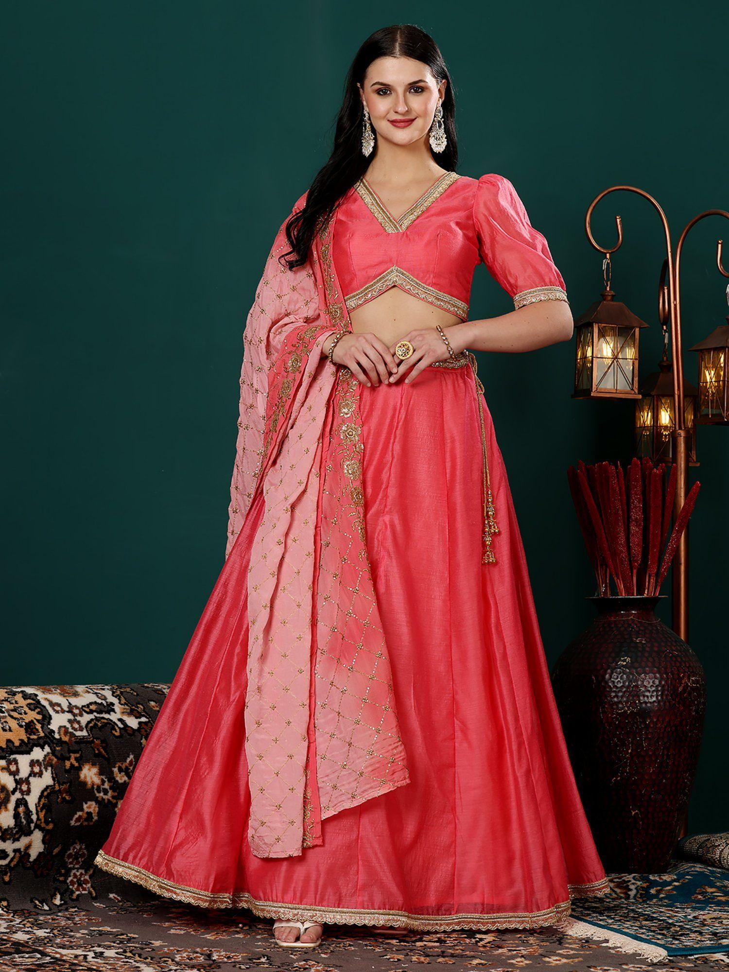 pink chanderi lehenga choli with embroidered dupatta (set of 3)