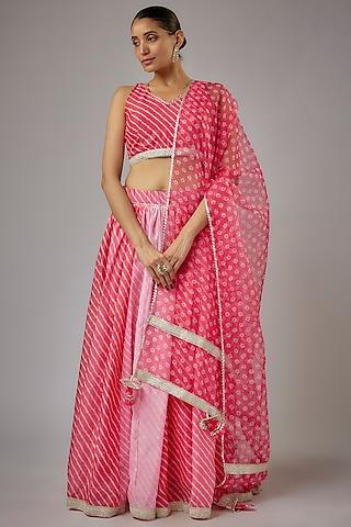 pink chanderi leheriya printed & lace embroidered lehenga set