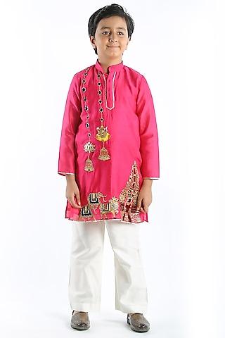 pink chanderi patch embroidered kurta set for boys
