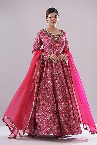 pink chanderi printed & embellished anarkali set