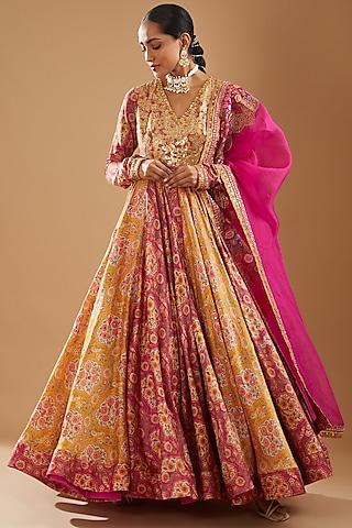 pink chanderi printed & embroidered anarkali set