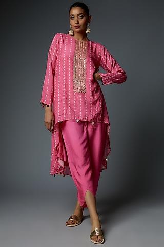 pink chanderi printed & embroidered asymmetric tunic set